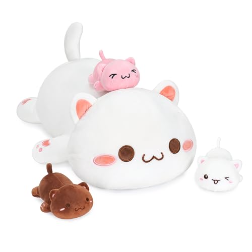 Onsoyours Cat Stuffed Animal Mommy 19.7' with 3 Kitty Plushies, 4 Piece of Cute Cat Plush Pillow Toys for Kids Girls Boys (White Cat Family)