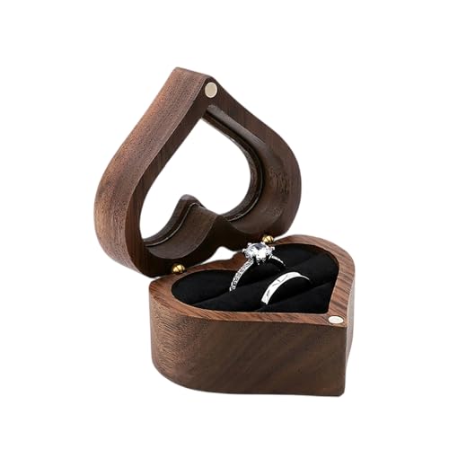 Amexo Herzförmige Ringbox Holz Ringschatulle Walnussholz Ringbox mit Schwarz Samt Holz Ringträger Ohrring Schmuck Box für Vorschlag Hochzeit Verlobung (B)
