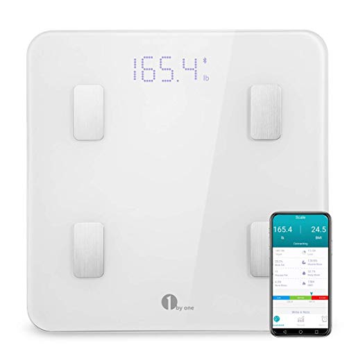 1byone Body Fat Scale with iOS and Android App Smart Wireless Digital Bathroom Scale for Body Weight, Body Fat, Water, Muscle Mass, BMI, BMR, Bone Mass and Visceral Fat, White