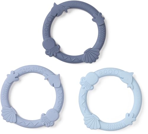 Image of Loulou Lollipop Silicone Teething Ring Set - Set of 3 Baby Chew Toys for Teething Relief - Food-Grade, Non-Toxic & Durable Infant Teethers - Textured Rings for Sensory Development - Blue Fog