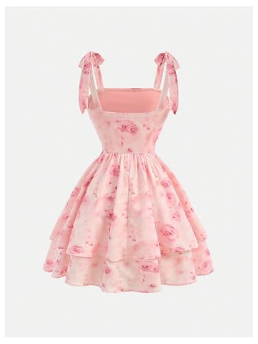 Girl's Floral Tie Shoulder Cami Dress Bow Tie Shoulder Layered Ruffle Ruched Flowy Short Dresses2