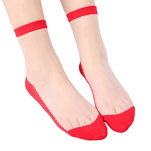 Calcetines de Mujer Talones y Dedos Reforzados Socks Retro Diseño Rayas Motivos Calcetin Malla Fina Transpirable Calcetas para el día a día Medias (Red, One Size)