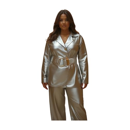 Women Elastic Fashion Faux Leather Belt Hip Waist Gold Metal Buckle Fits S M Metallic Silver Color3