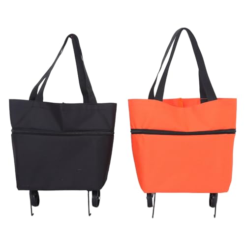 BAZEITFLOW Carrito de Compras Plegable Portátil con Ruedas, 2 Unidades (Naranja y Negro), Compacto, Ligero y Resistente para Supermercado y Hogar, Bolsa Reutilizable para Compras