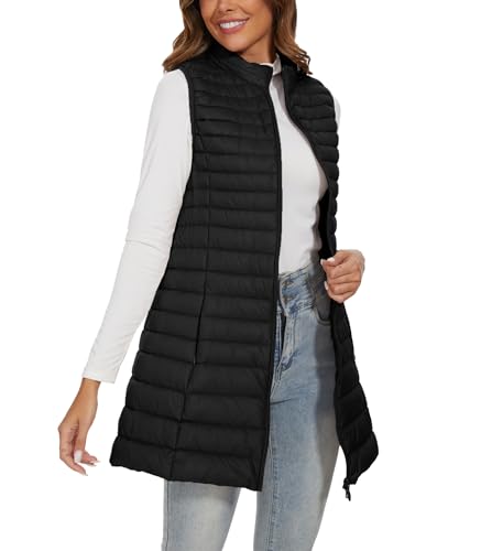 Long Puffer Vest for Women Winter Lightweight Down Vest Black Womens Vests Outerwear Sleeveless Jacket with Pockets3