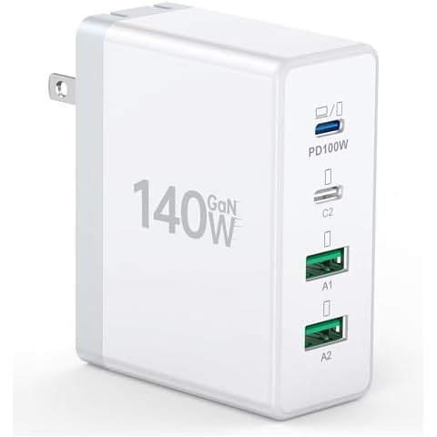 140W Mac Book Pro Charger,4 Port Flat Charging Station for Apple Type C Fast Wall Charger,USB C Port MacBook Pro & MacBook Air Adapter Plug Block for iPhone 16/15/14/13Pro Max, iPad, AirPods 4,Samsung Cover