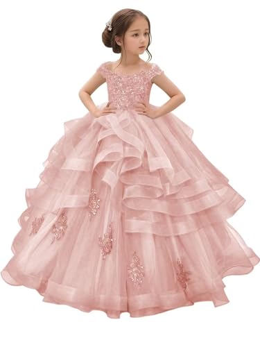 Tulle Off The Shoulder Flower Girl Dress for Wedding Lace Appliques A-line First Communion Dress with Train