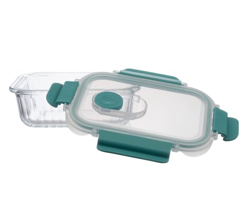 Image of STEGL 640ml Rectangle Glass Food Container - Airtight Storage Container with Vented Cool Lock PP Lid | Meal Prep Box with Smart Slip-Vent | Microwave & Fridge Safe | Striped Embossed Design