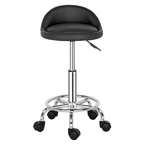LEADZM Tabouret de Bureau Ergonomique avec Dossier – Tabouret à roulettes Pivotant 360°, Hauteur Réglable, Revêtement PU Résistant – pour Massage, Coiffure, Bureau & Clinique (Noir, 53 * 53 * 73cm)