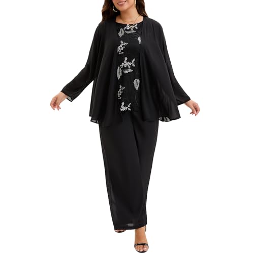 Plus Size Mother of The Bride Pant Suit 3 Piece Lace Set with Sequin Tank Elegant Wedding Guest Formal Outfit4