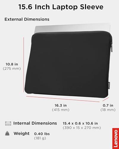 Image of Lenovo Basic Laptop Sleeve - (15.6 Inch) - Neoprene Material - Soft Fleece Lining - Zippered Top Opening - Black