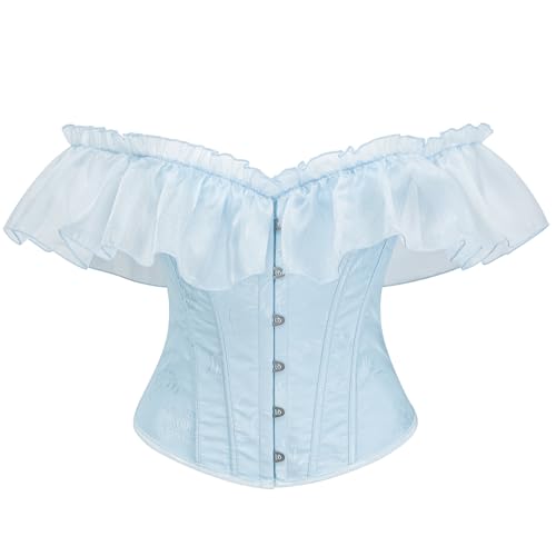 SHYMMUO Women Light Blue Off Shoulder Corset Top – Romantic Ruffle Bustier, Lace Up Waist Trainer for Cottagecore, Princesscore, Cosplay Costumes XXL