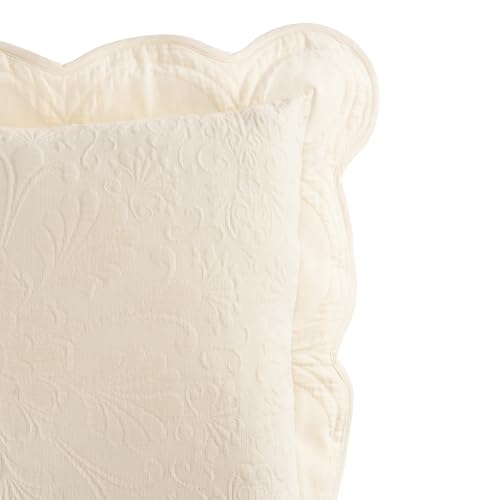 Image of Charleston Estate Modern Farmhouse Floral Matelasse Decorative Pillowcase with Scalloped Edges, 100% Cotton Breathable Bedding, Standard Sham (20 inch x 26 inch), Ivory Floral