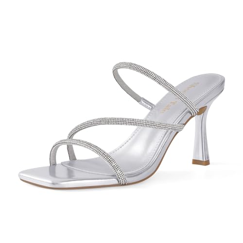 Image of Shoe'N Tale Strappy Kitten Heels For Women Stiletto Mules Square Open Toe Slip On Sandals