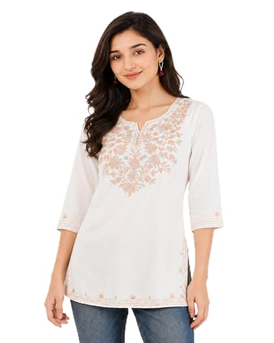 Image of Women's Gulnar Pure Cotton Kashmiri Embroidered A-line 3 /4 Cuff Sleeves Kurti | Short Kurta