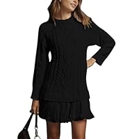 MINSURE Women Cable Knit Sweater Dress Crewneck Long Sleeve Pleated Mini Dress Fall Casual Short Dress(Black-Medium)