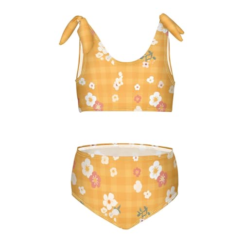 Orange Gingham Girls' Two Piece Kids Bikini Set Scoop Neck Bathing Suit Swimwear Cute Shoulder Strap