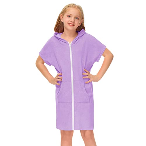 Girls Swim Terry Cloth Cover Ups Kids Swimsuit Coverup Zip-Up Beach Bathing Suit Wraps Summer (a-Purple, 8-9 Years)3