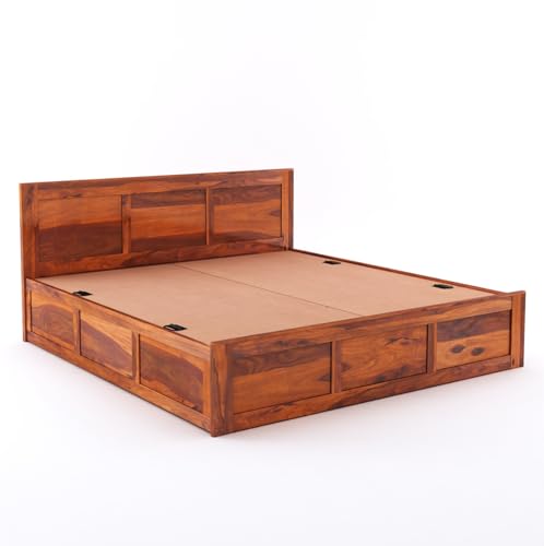 Image of Solid Sheesham Wood Queen Size Bed with Box Storage | Wooden Double Bed Cot Palang Furniture for Bedroom, Living Room, Guestroom and Hotel (Honey Finish)