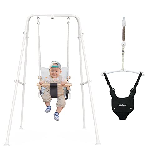 Image of RAGOZONERY 2 in 1 Baby Jumper with Toddler Swing, Baby Jumpers and Bouncers,Indoor Outdoor Toddler Swing Set, Cotton, White