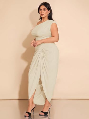 Image of Floerns Women's Plus Size Asymmetrical Neck Long Dress Ruched Slit Hem Cocktail Dress