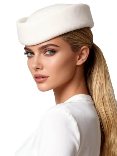 Wool Felt Small Top Hats for Women Ladies Elegant Millinery Beret Wedding Bride Tea Party Dress Cocktail Church Winter Pillbox Hat White