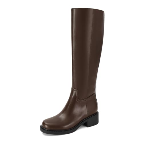 Image of Dsevht Black Knee High Boots for Women Faux Leather Elastic Low Heel Round Square Toe Side Zipper Fall Long Tall Boot