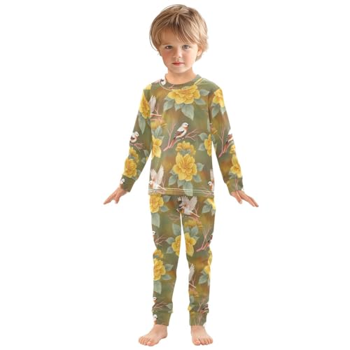 Pajama Sets Long Sleeve Birds Yellow Flowers Pattern Soft Comfy Sleepwear 2 Piece PJS 3-8T2