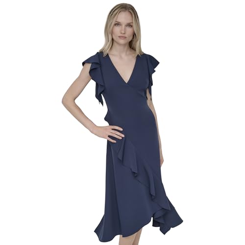 Image of DKNY Women's Ruffle Cap Sleeve Surplice Neck Fit and Flare Midi Dress