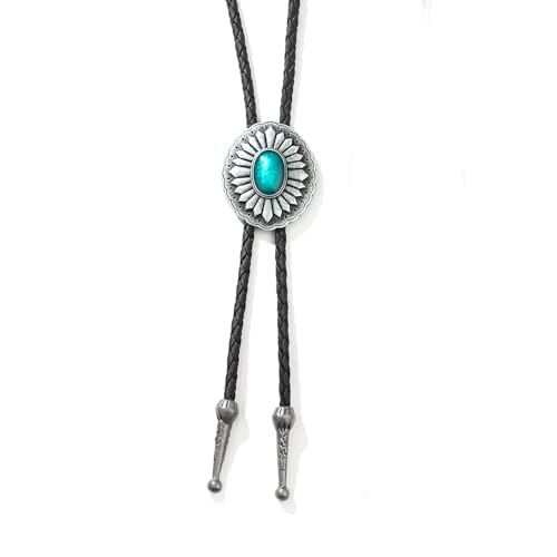 Image of AZORA Western Cowboy Bolo Tie Men Leather Necktie Leather Cord Turquoise Stone Bolo Ties for Men Women