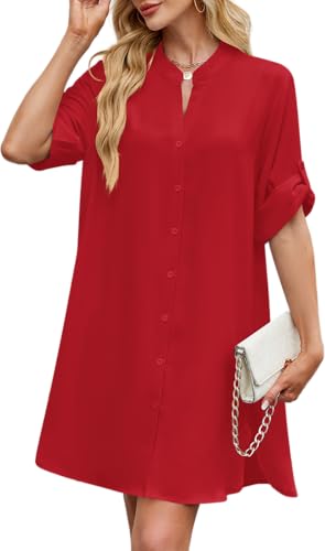Image of PerZeal Womens Sexy V Neck Button Down Shirt Dresses Summer Short Sleeve Casual Loose Blouses & Button-Down Shifts Cover Ups
