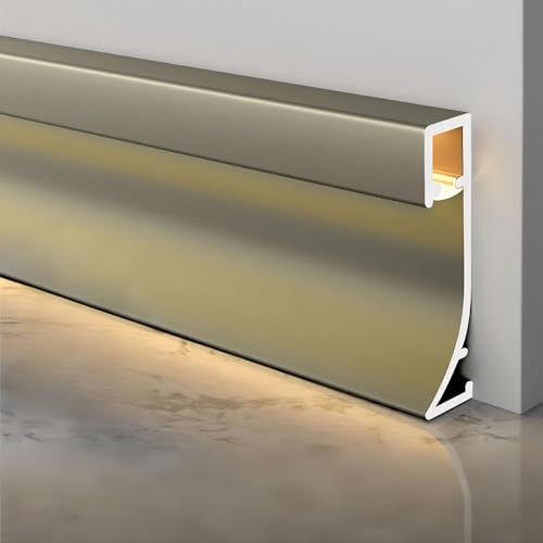 Juego de 10 rodapiés de aluminio de color champagner mate, 5 cm x 120 cm (longitud total 12 m), cubierta de rodapiés de pared de aluminio, tira decorativa, montaje empotrado (sin tira LED)