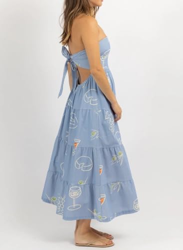 Image of Women Floral Print Maxi Tube Dress Strapless Flowy Long Bandeau Dress Y2K Open Back Sundress Summer Beachwear