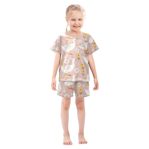 ALAZA Cute Goose with Flower Floral Pajamas Short Sleeve 2 Piece Sleepwear Top and Bottom Pajama Set Unisex3