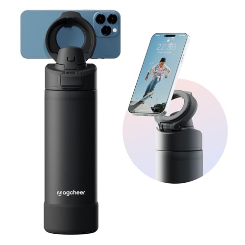 Magcheer Insulated Magnetic Water Bottle - Reusable Stainless Steel Bottle with MagSafe Compatible Phone Holder - Keeps Cold for 24 Hours - Perfect for Gym Sports and Travel - Black 24oz