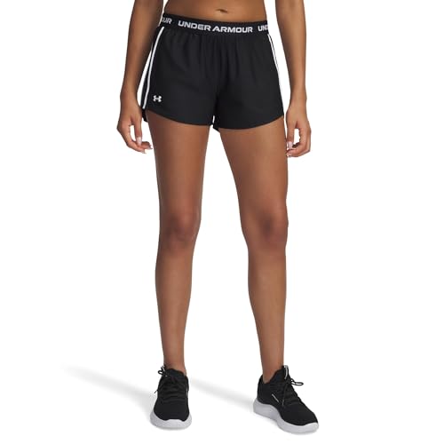 Under Armour Womens Tech Play Up Short 3 Inseam Low Rise with Pockets Quick Dry Athletic Shorts for Workout Running and Gym Black/White Medium