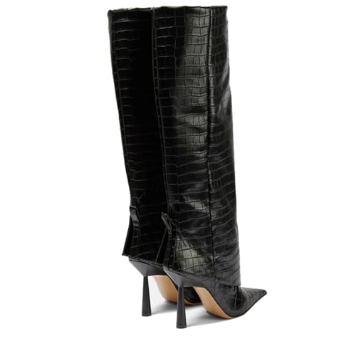 Image of Goolita Fold Over Boots For Women, Pointed Toe Stiletto Heel Knee High Boots Fashion Comfortable Slip On Tall Boots