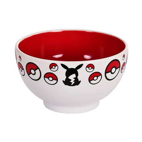 Elbenwald Pokemon Müslischale - Bowl mit Pikachu und Pokebälle Motiv - 600 ml - 8 cm Höhe - Ø 13 cm - Keramik - Weiß Rot