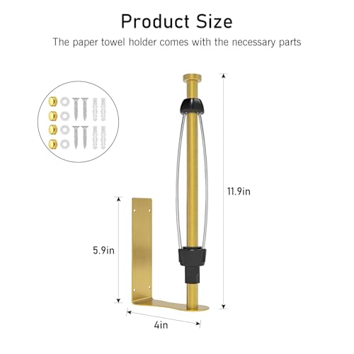 Image of SetSail Paper Towel Holder, Single Hand Operable Paper Towel Holder Under Cabinet with Adjustable Damper Easy Tear Wall Mount Self-Adhesive or Drilled for Kitchen Bathroom, Gold