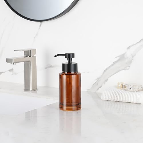 Image of H Halston Amber Glass Foaming Soap Pump Dispenser, Foaming Soap or Liquid handoap compatable, Refillable, for Bathroom or Kitchen Countertop, Bathroom, Home Decor, Amber with Matte Black Pump top