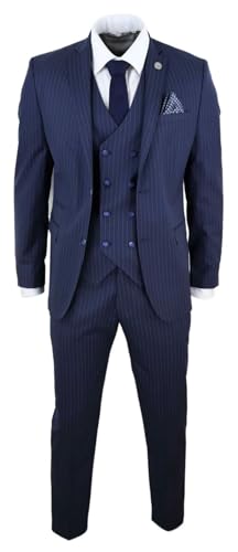 Costume Homme 3 pièces Style Rayures Fines Coupe ajustée avec Gilet Croisé - Bleu Marine 48