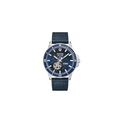 Bulova Men's Marine Star Automatic Stainless Steel Case Watch, Rotating Bezel, Blue Leather and Silicone Strap,Full Skeleton Style:96A291 Cover