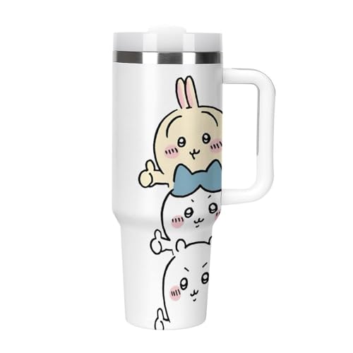 ちい かわいい タンブラー 水筒 ドリンクカップ ウォーターボトル 大容量 ストロー 車用 蓋付き 取っ手付き 保温 保冷 直飲み ステンレス 持ち運び 真空断熱 40オンス 1180m?