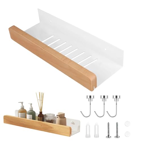 PHMING Duschablage zum Bohren, 30 cm Duschgel Halterung, Weiß Wandregal Bad, mit Magnetischen Haken Bad Regal Wand, für Badezimmer, Küche, Schlafzimmer