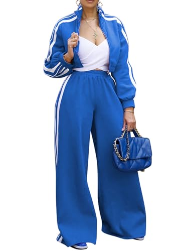 Akmipoem Sweatsuits Women 2 Piece Outfit Striped Tracksuit Long Sleeve Zipper Cropped Jackets Wide Leg Sweatpants Set