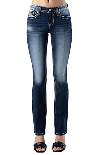 Miss Me Women's All-American Girl Embellished Faux Flap Pocket Mid-Rise Bootcut Jeans (Dark Blue, 30W X 34L) #TOP1