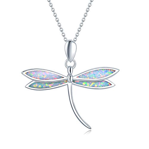 FANCIME Sterling Silver Opal Dragonfly Necklace Long Chain Charm Dainty Pendant October Birthstone Jewelry for Women Girls 16