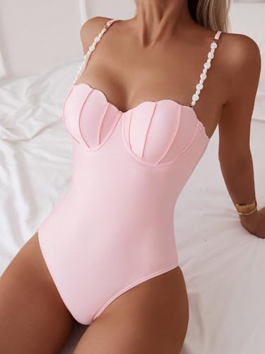 Women's Swim Solid Color High Cut Push Up One-Piece Camisole Bikinis Swimsuit Beachwear Bathing Suit for Women3