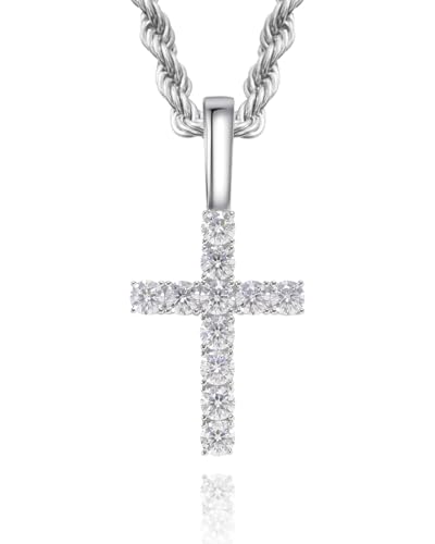 LuxeFlex 925 Silver Moissanite Cross Pendant, VVS D Clarity Moissanite Rhodium Plated White Gold Classic Cross Pendant, Hip Hop Fashion Sparkling Traditional Necklace Gift