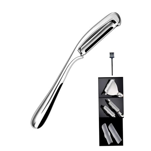 RQzaufania - Pelador de patatas en forma I, pelador de verduras de acero inoxidable, mango antideslizante y hoja dentada giratoria, incluye funda protectora y cepillo de limpieza.